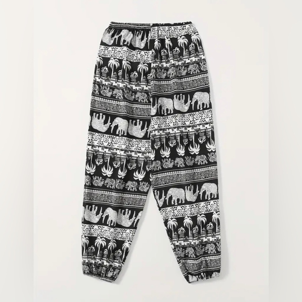 NWT Elephant Print Harem Pants Boho Yoga Lounge Festival Size M Black
